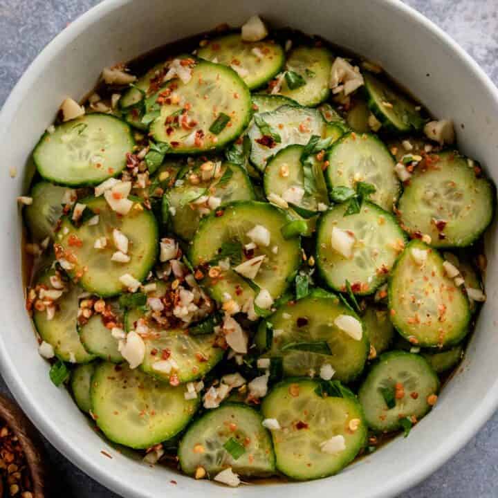 spicy cucumber salad with peanuts in a bowl
