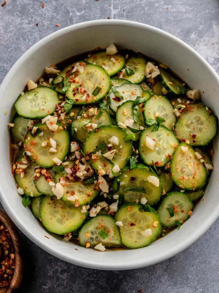 spicy cucumber salad with peanuts in a bowl