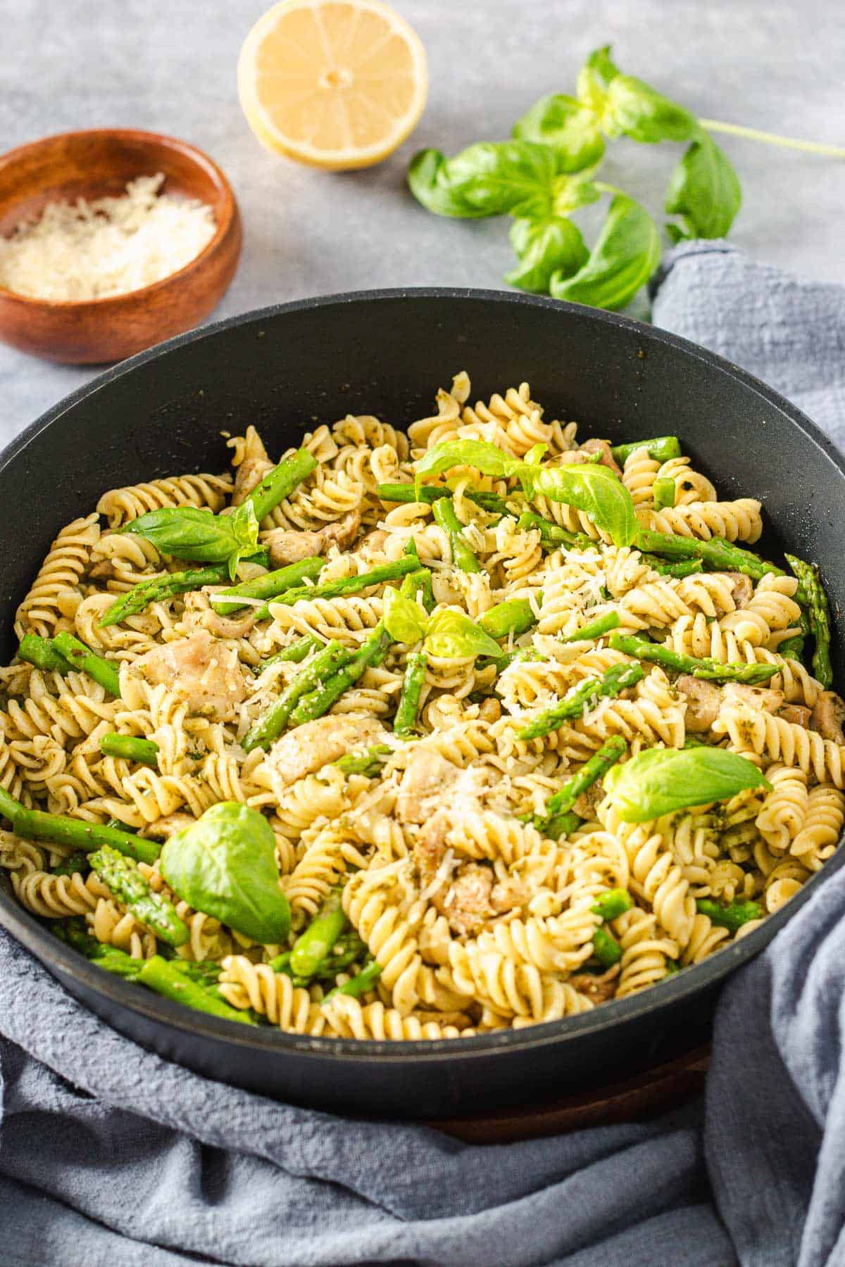 lemon asparagus pasta in skillet