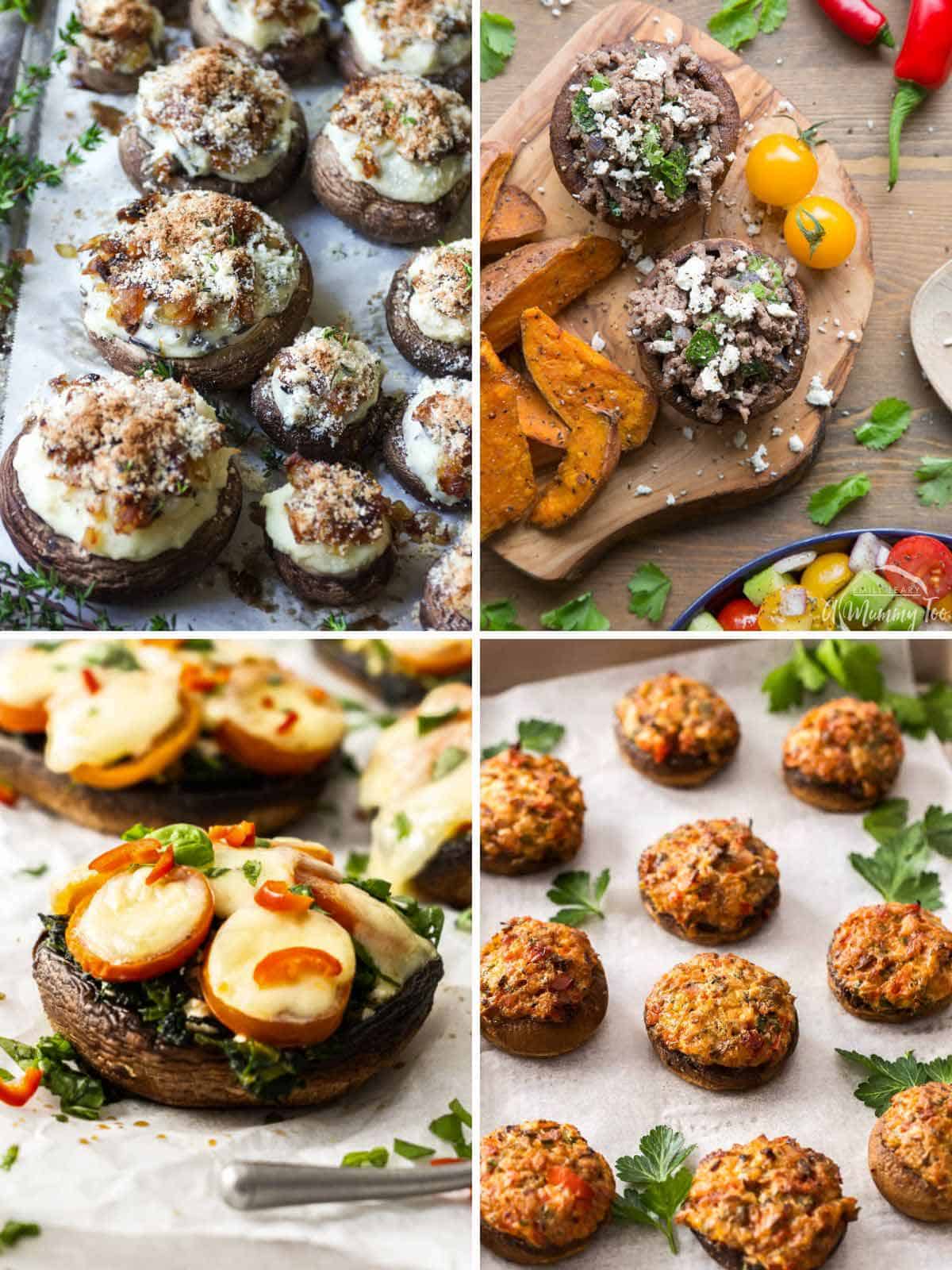 4 pictures of stuffed mushrooms.