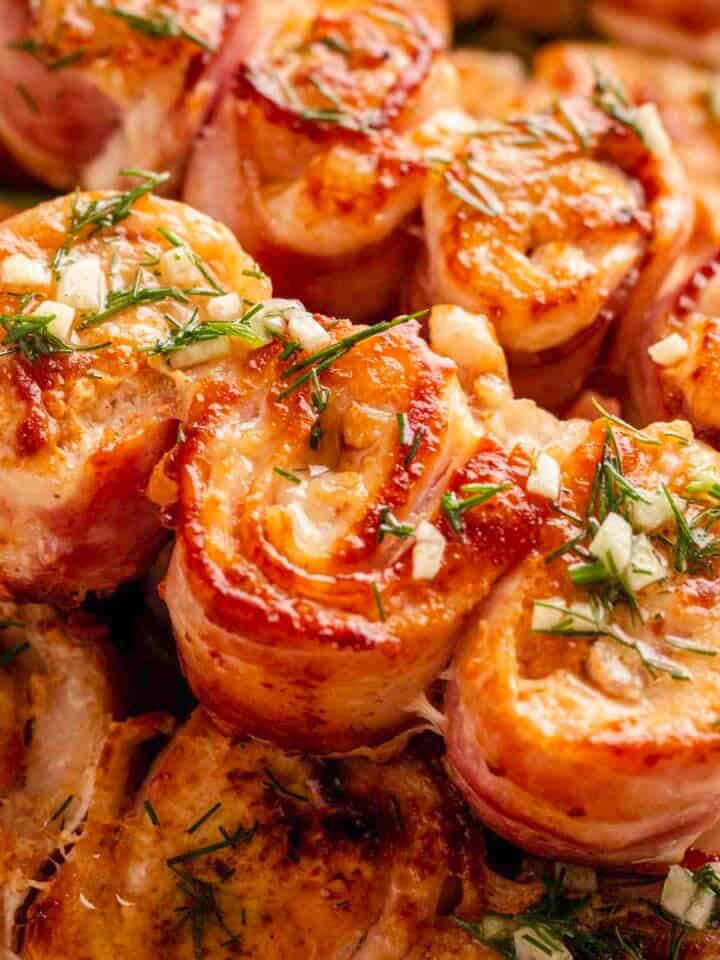 Bacon chicken roll up skewers.