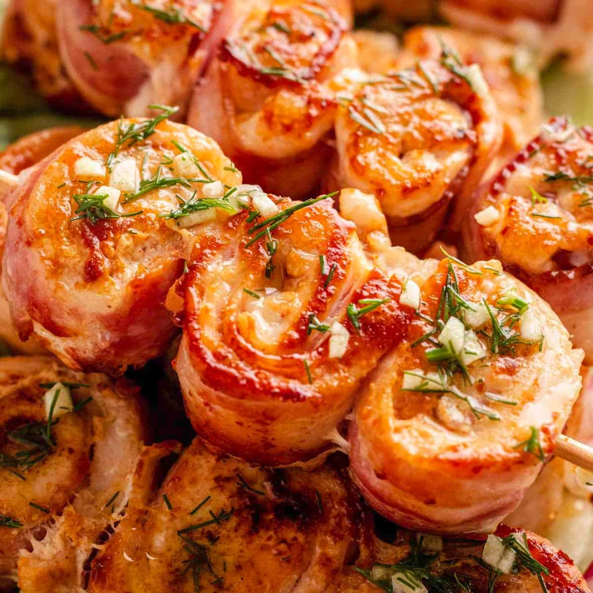 Bacon chicken roll up skewers.