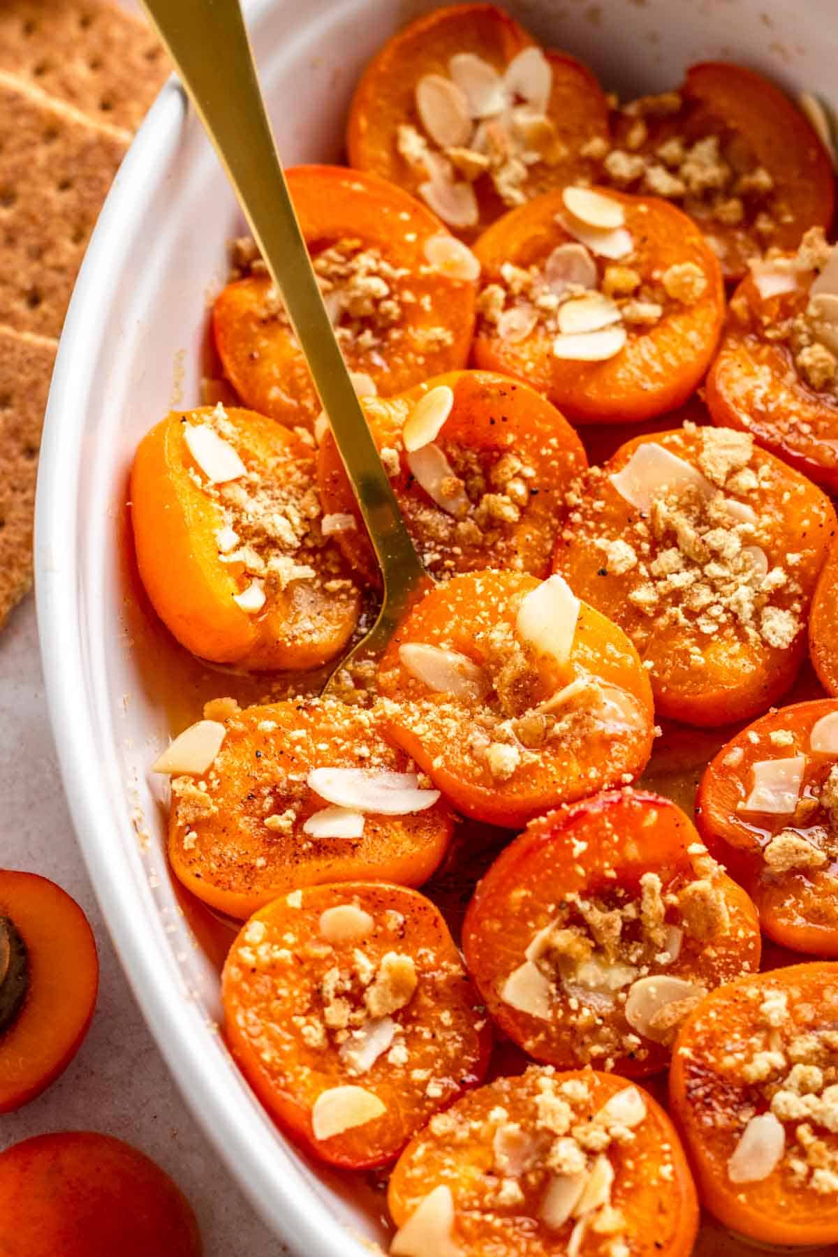 Baked Apricots with sugar and toppings.