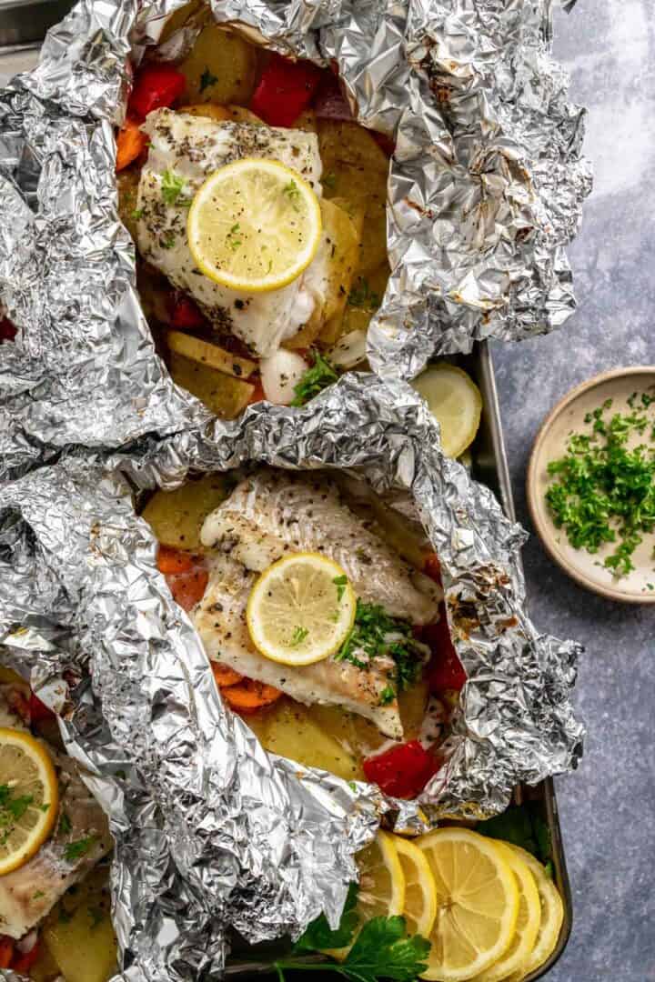 Best Baked Cod In Foil With Vegetables and Chimichurri Sauce The Yummy Bowl