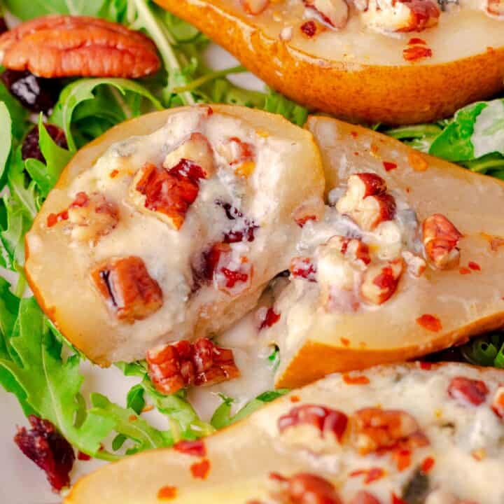 Roasted pears with blue cheese, nuts and cranberries and honey.