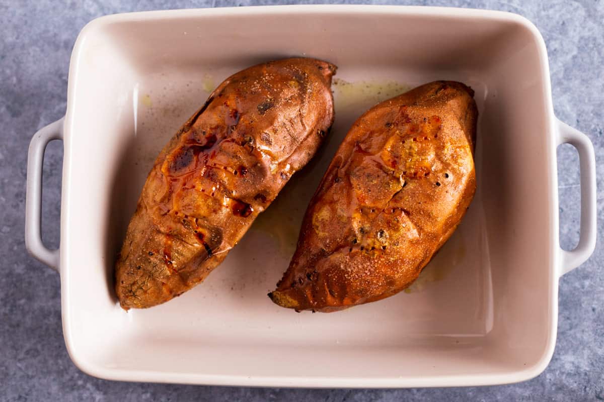 baked sweet potato in baking dish right after baking