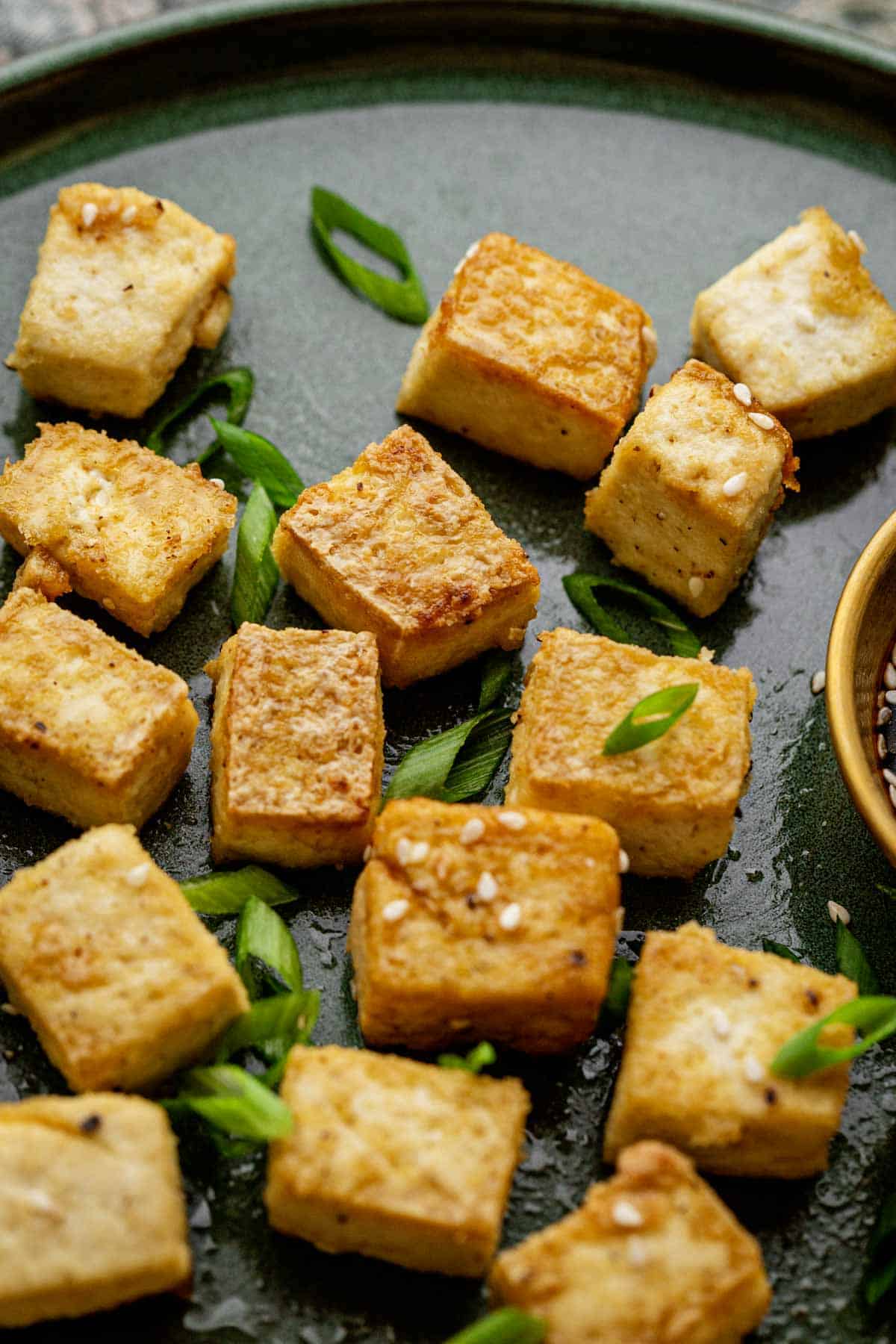 Baked Tofu with soy sauce and spring onions.
