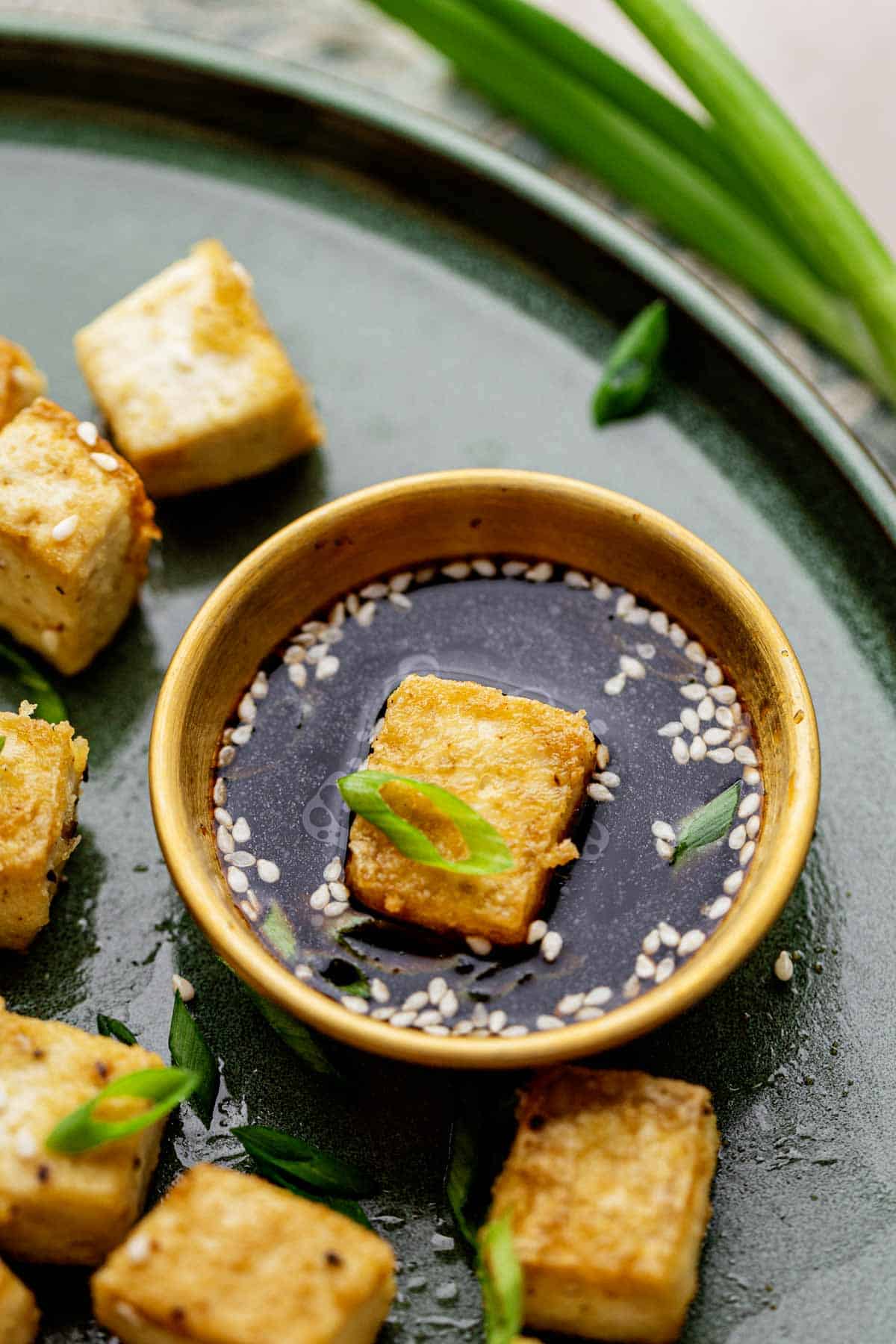 Baked Tofu with soy sauce and spring onions.