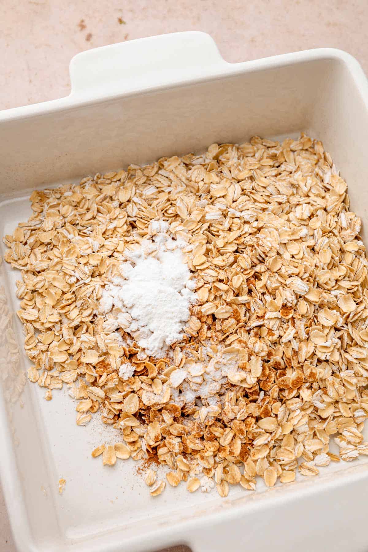 Rolled oats in baking dish.