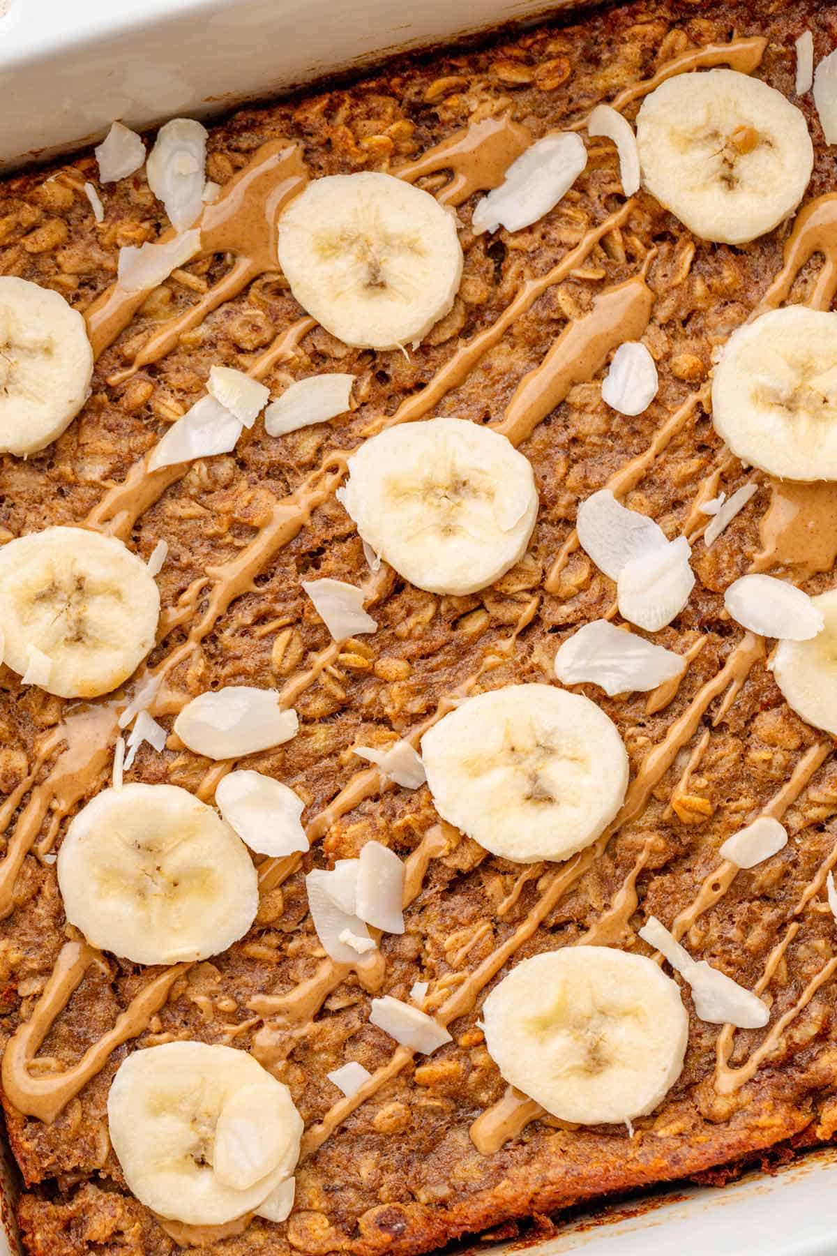Sliced Peanut Butter Banana Baked Oatmeal.