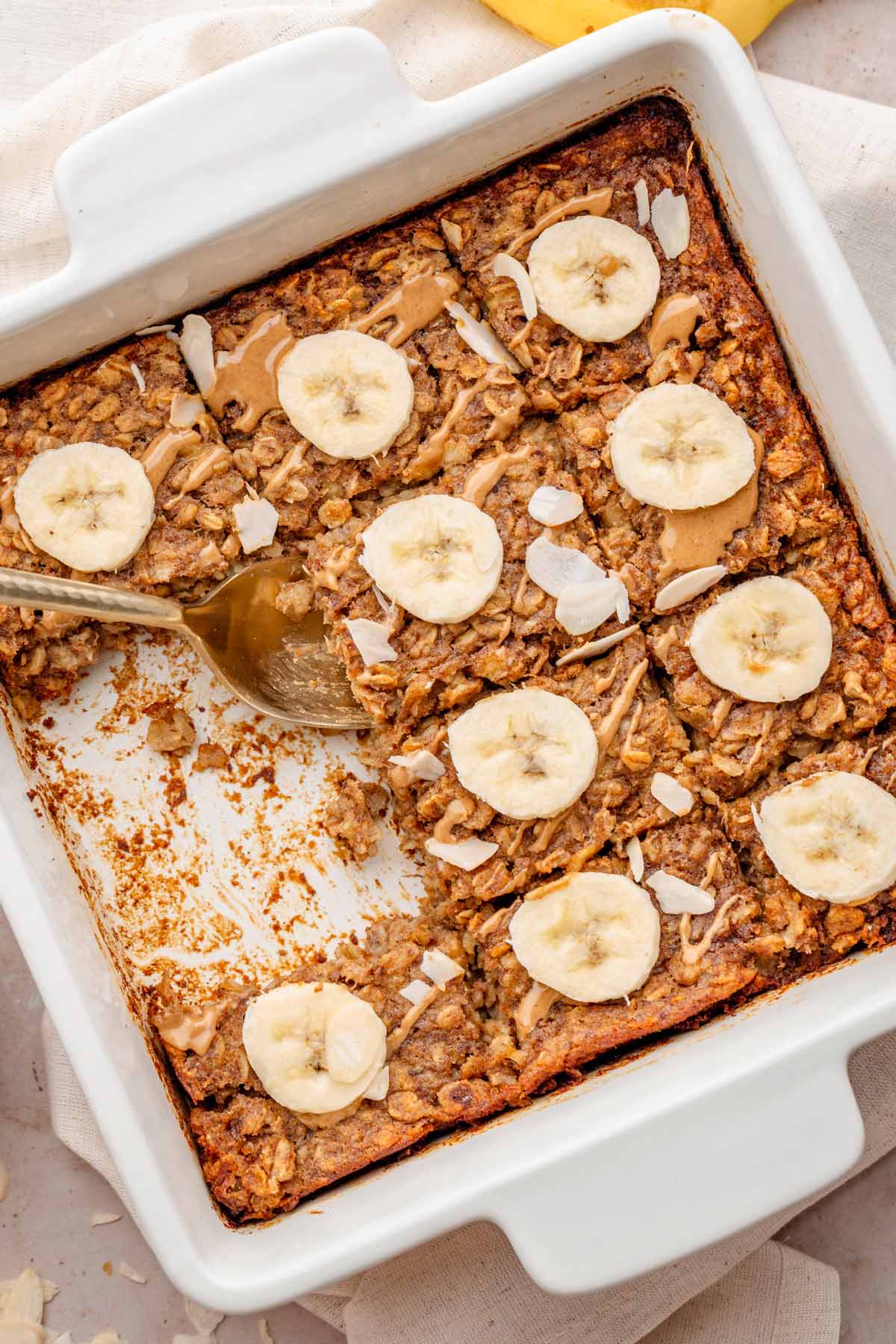 Sliced Peanut Butter Banana Baked Oatmeal.
