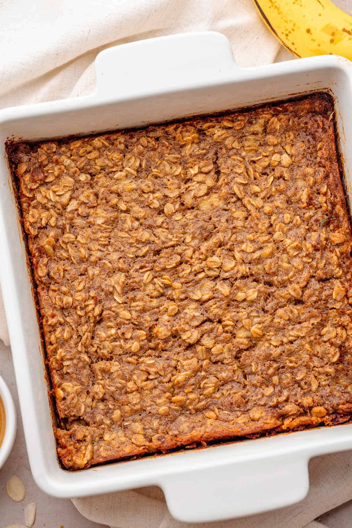 Sliced Peanut Butter Banana Baked Oatmeal.
