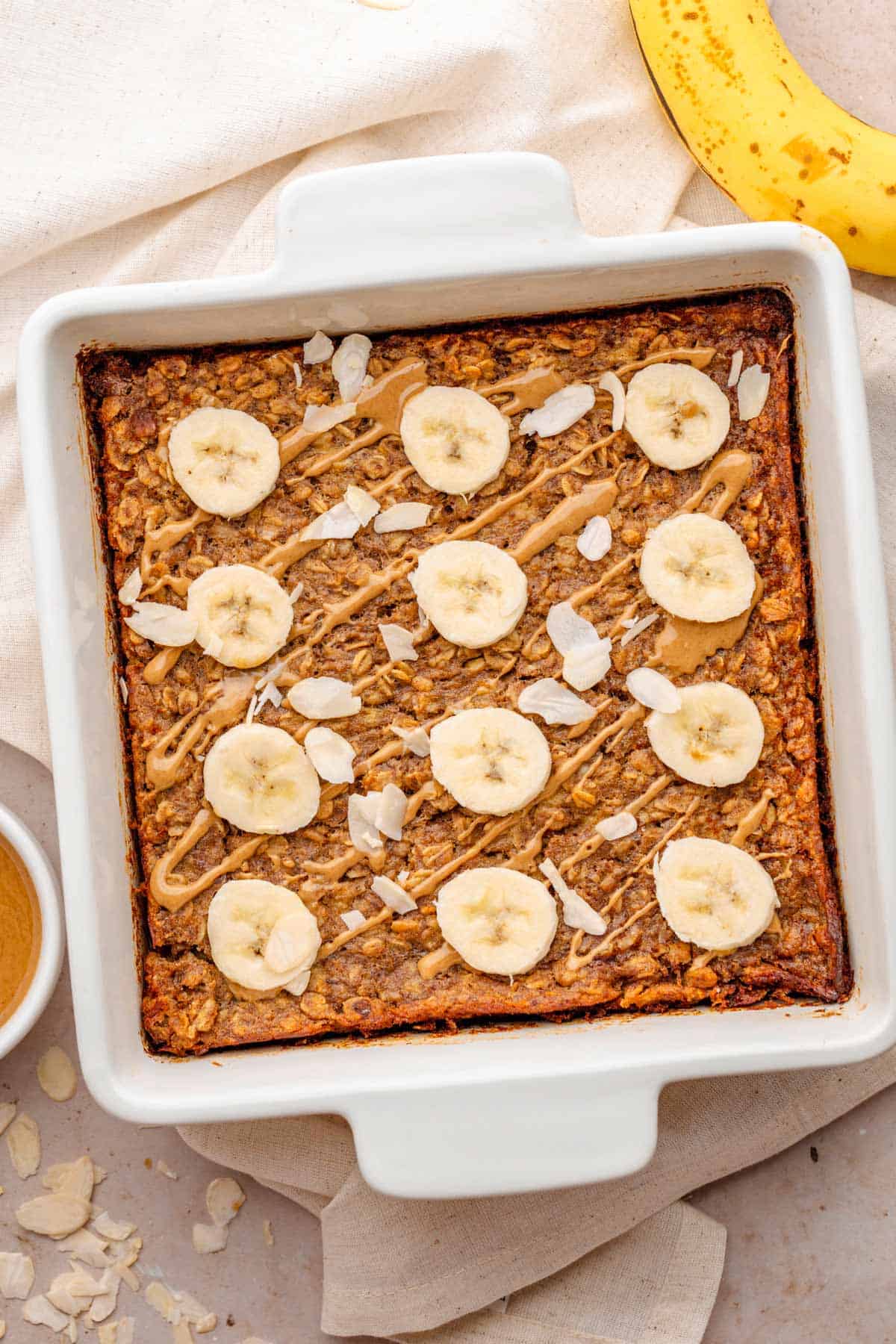 Sliced Peanut Butter Banana Baked Oatmeal.