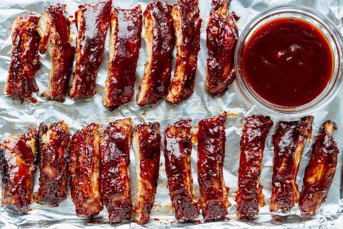 pork ribs brushed with barbecue sauce.