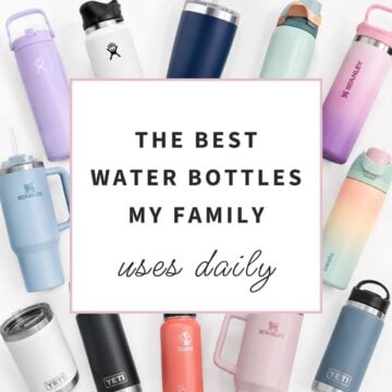 Colorful insulated water bottles and tumblers for kids and adults arranged on a white background.