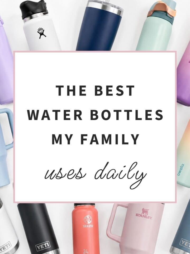 Colorful insulated water bottles and tumblers for kids and adults arranged on a white background.