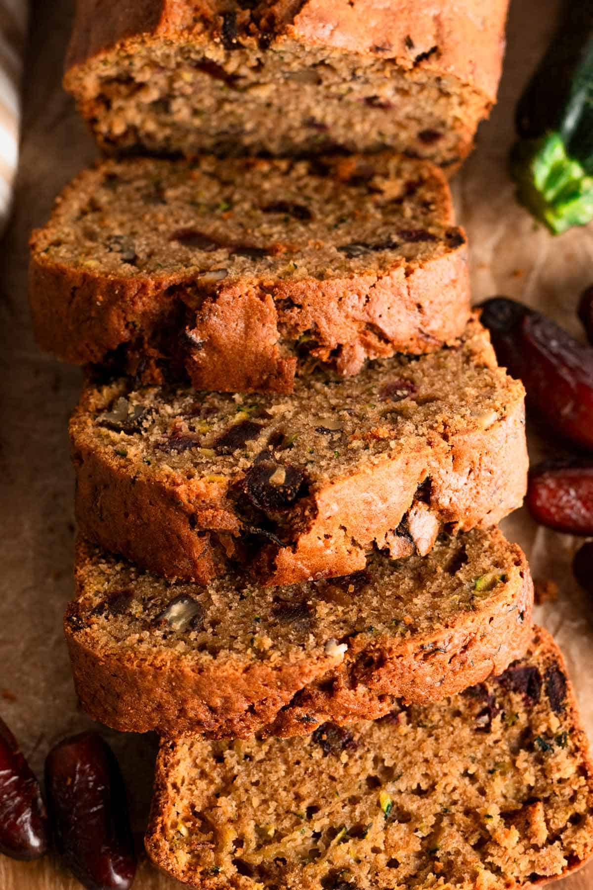 Slices of Zucchini nut bread with dates.