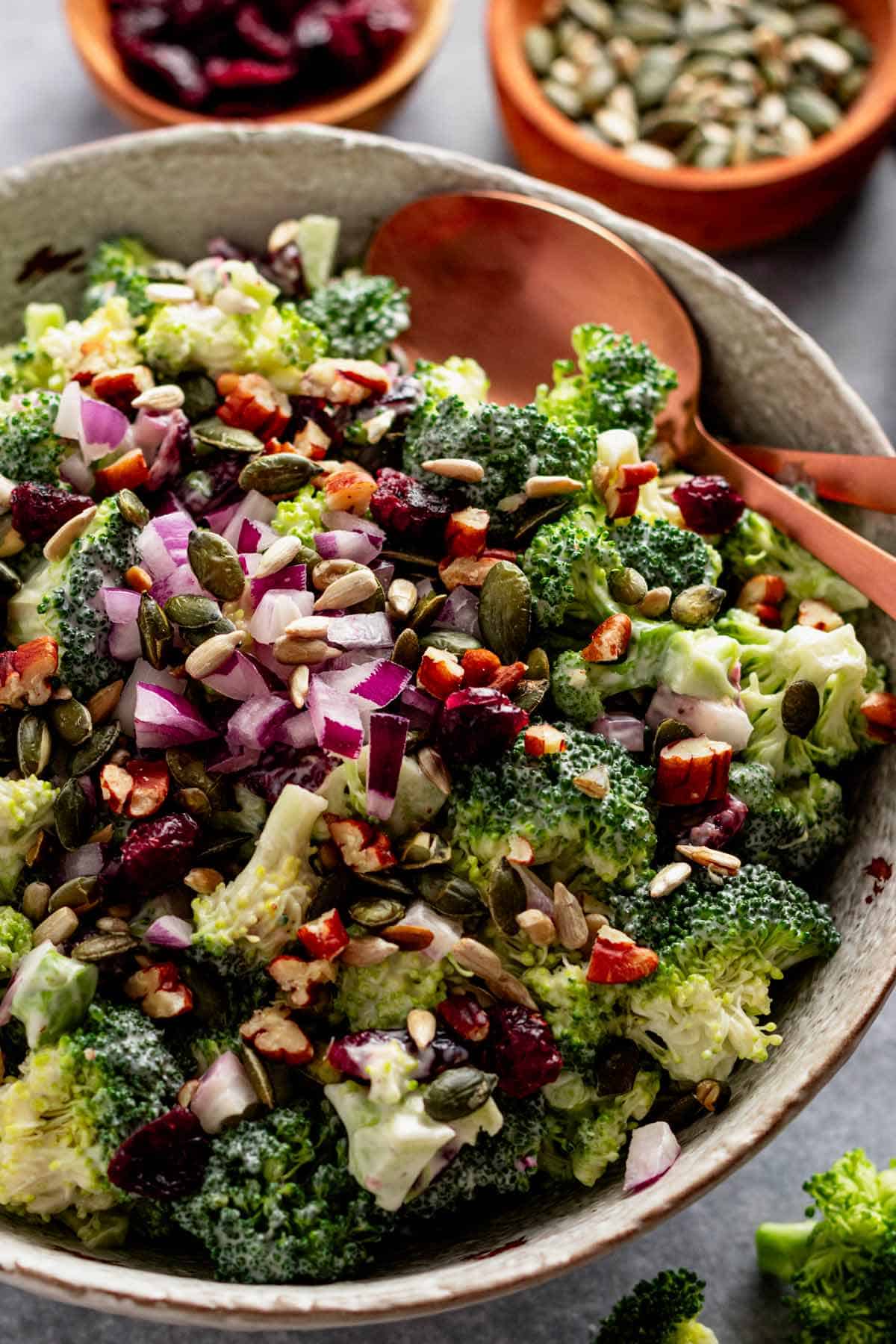 dressed no bacon broccoli cranberry salad in serving bowl.