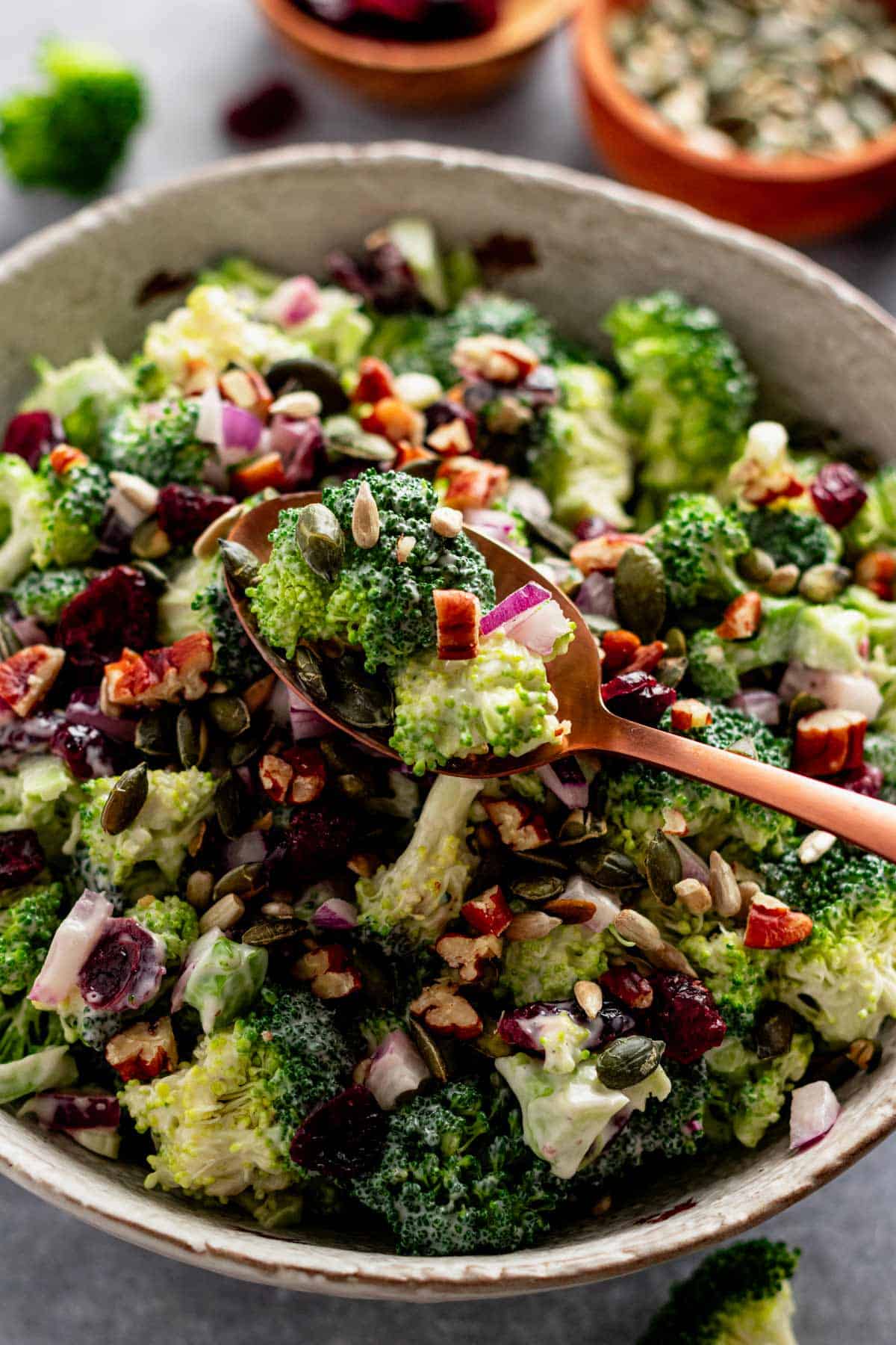 dressed broccoli cranberry salad with sunflower seeds in serving bowl.
