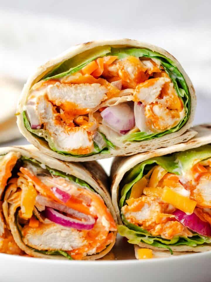 A stack of easy buffalo chicken wraps.