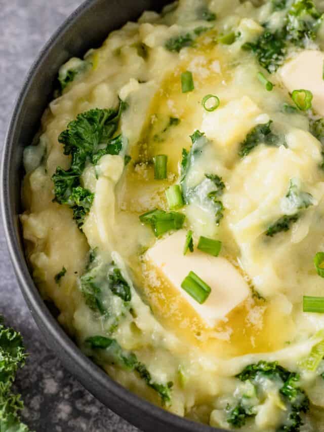 mashed potatoes with kale in a bowl