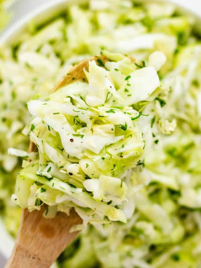 shredded cabbage and cucumber salad bowl.