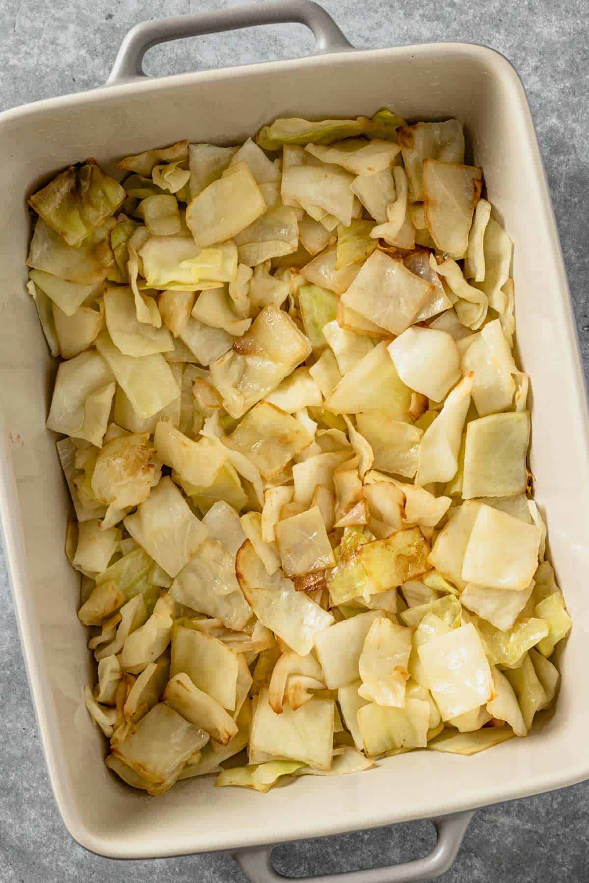 cabbage pieces in casserole dish