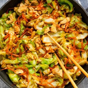 cabbage stir fry with veggies and eggs and soy sauce.