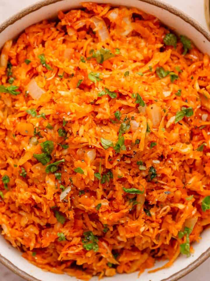 orange cabbage rice in a bowl.