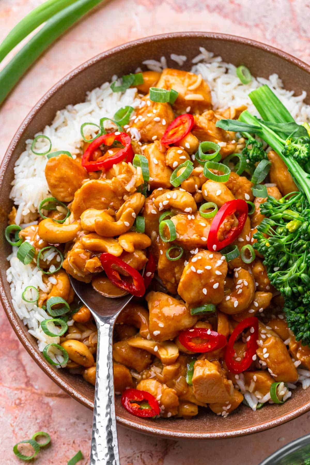 Delicious Asian Cashew Chicken Bowl with rice.