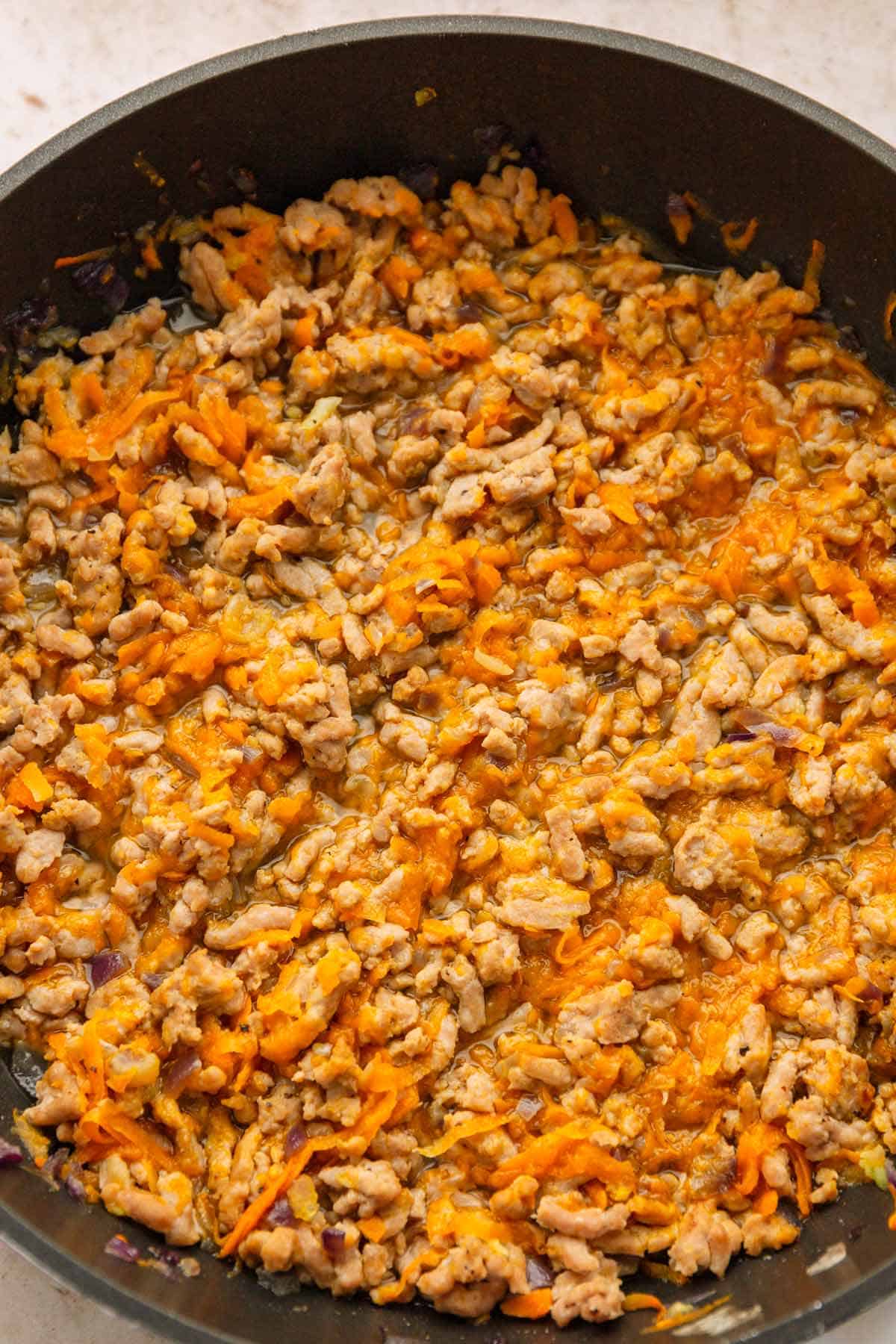 Sweet potato and ground turkey filling for lettuce wraps.