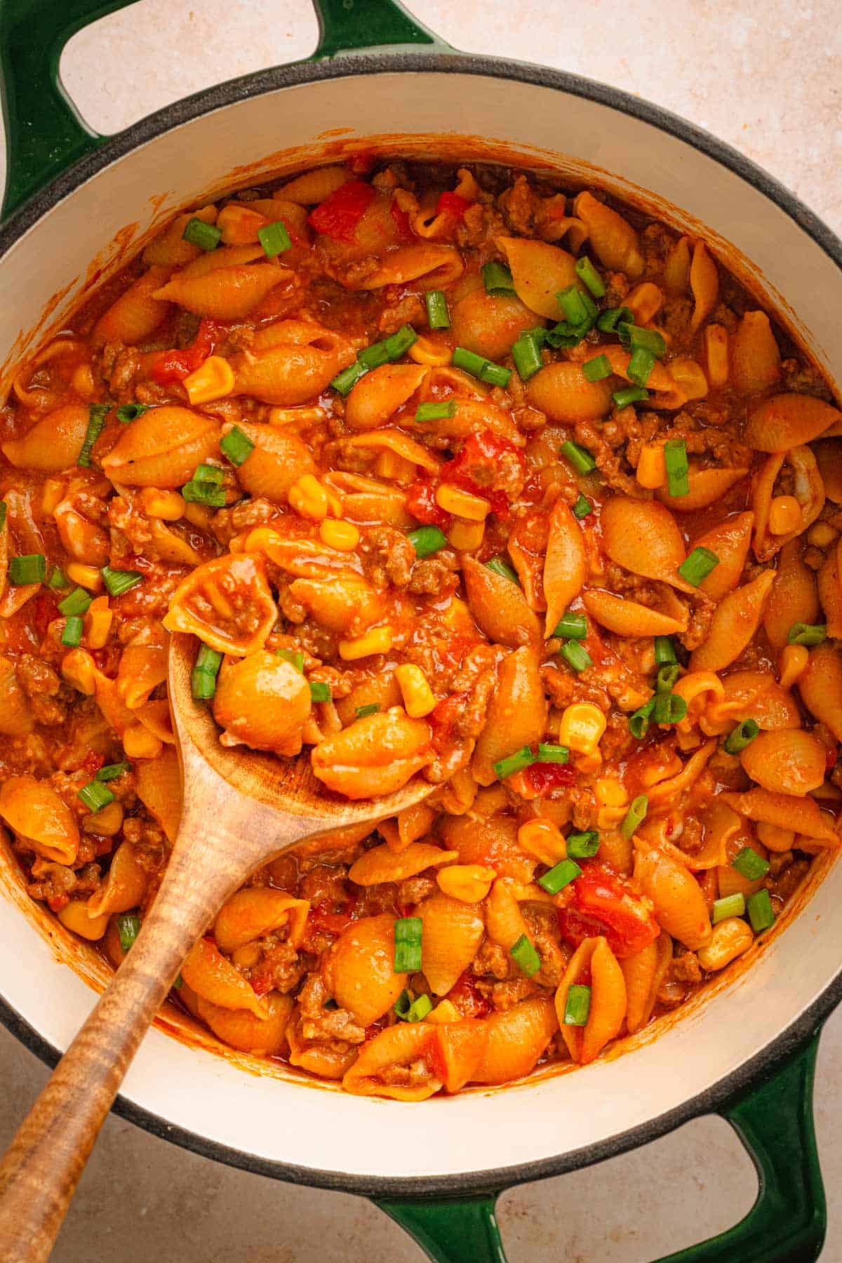 Shell pasta in taco sauce.
