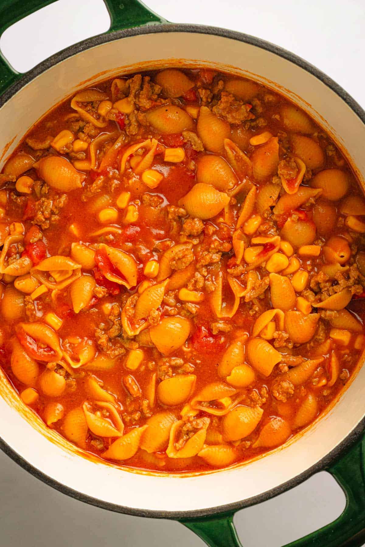 Shell pasta in taco sauce.