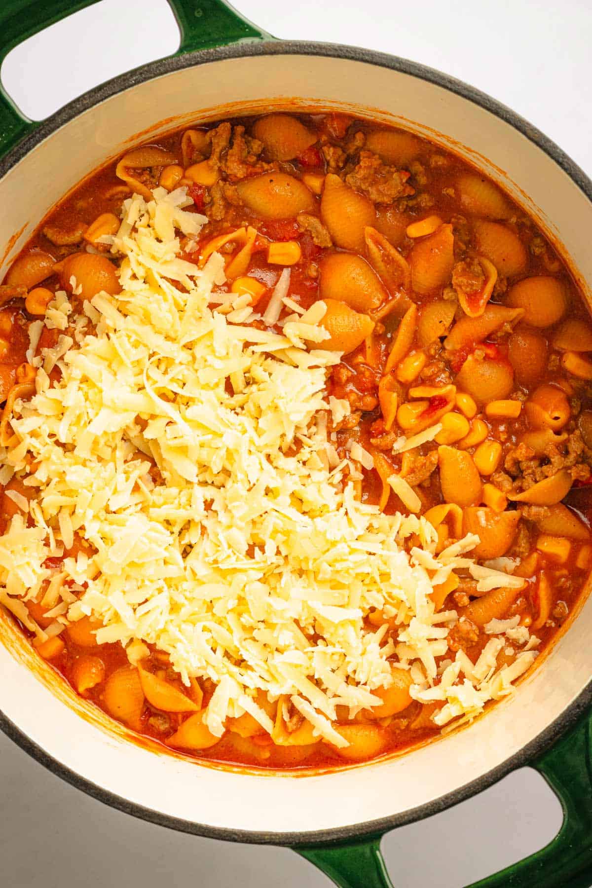 Shell pasta in taco sauce.