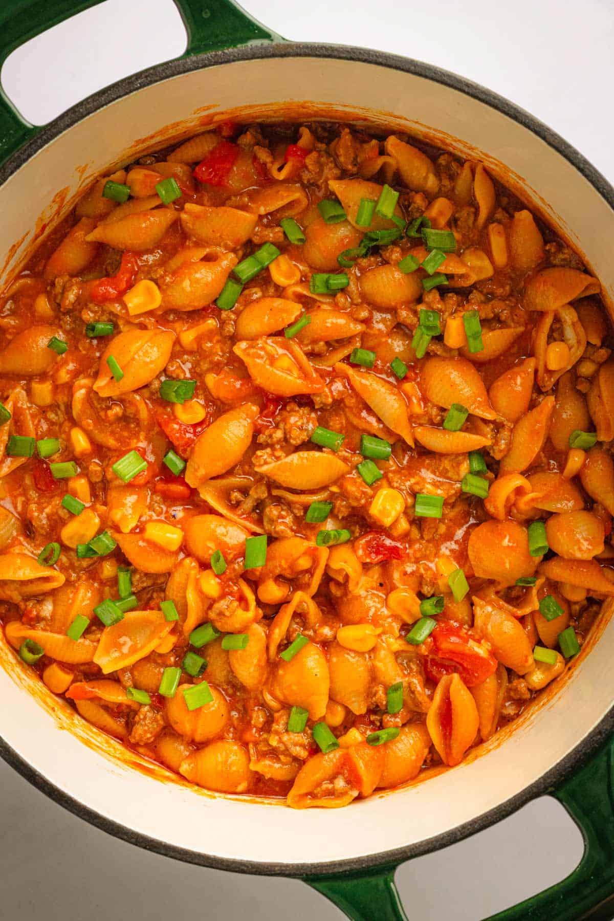 Shell pasta in taco sauce.