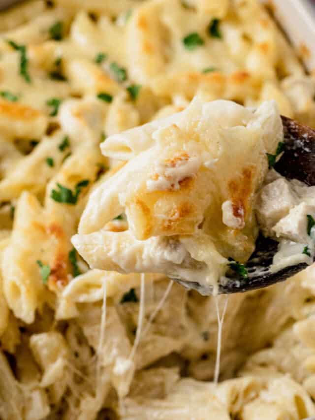 cheesy chicken pasta bake.