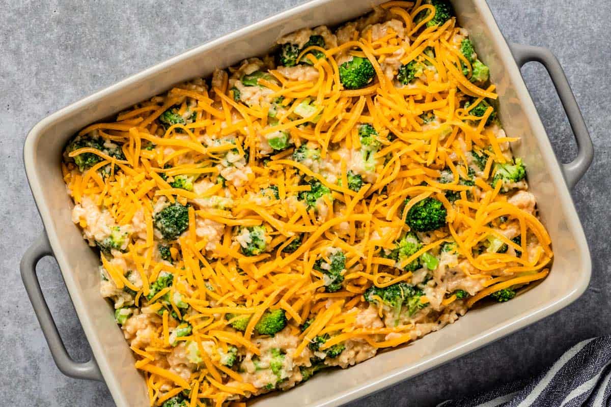 Easy Chicken Broccoli Rice Casserole before baking