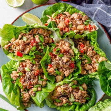 picture of chicken lettuce wraps stacked together on a blue plate