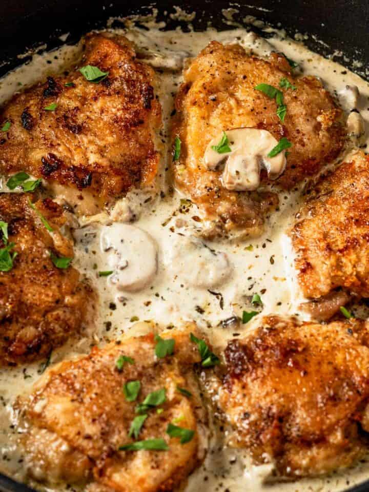 chicken thighs with mushroom sauce.