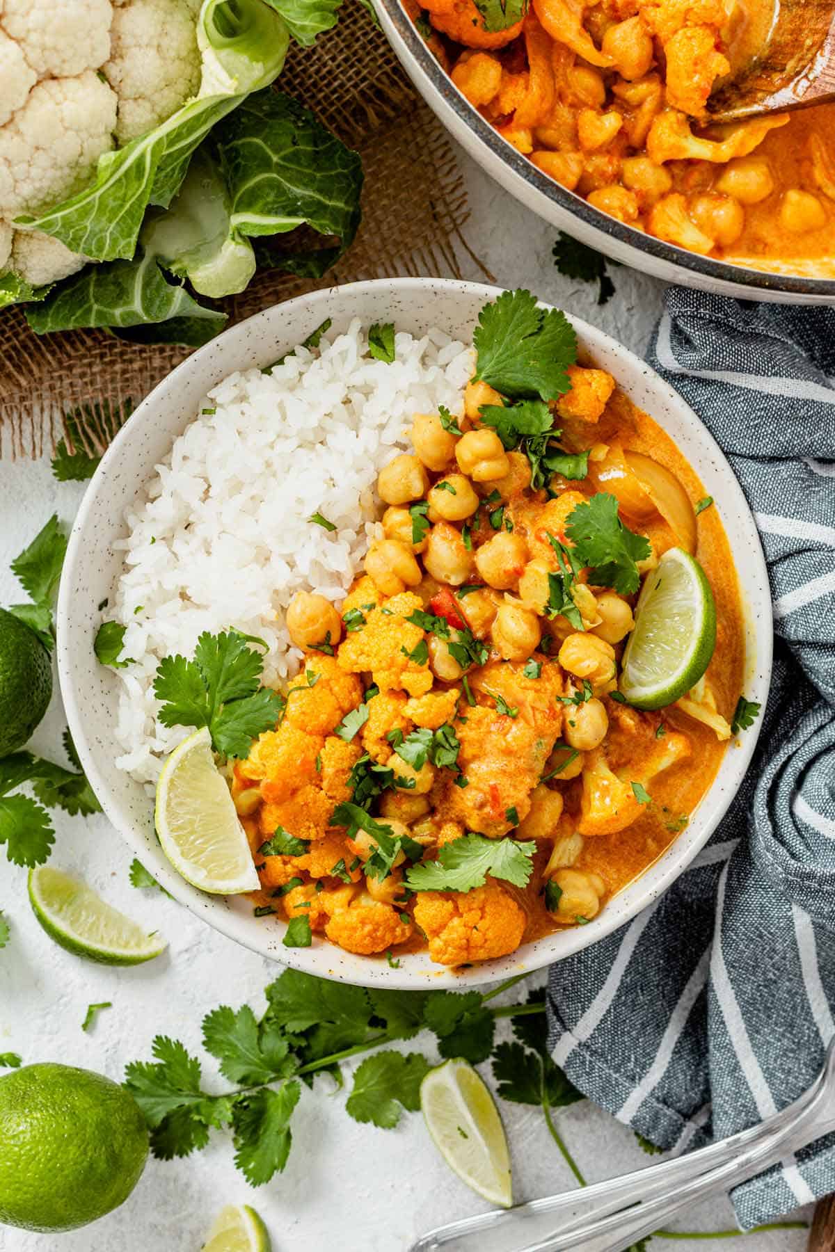 chickpea and cauliflower curry served with rice