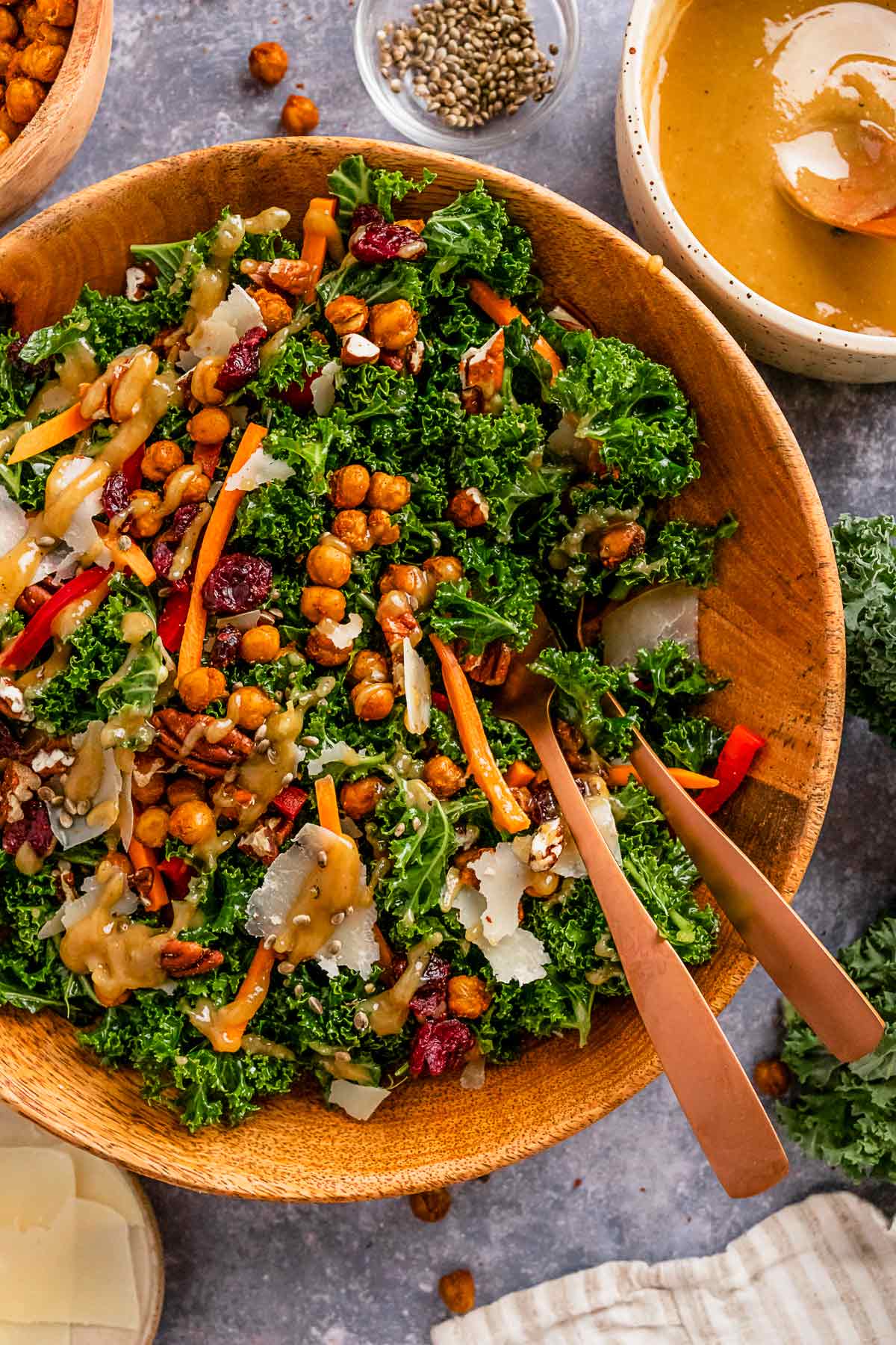 kale salad drizzled with tahini dressing