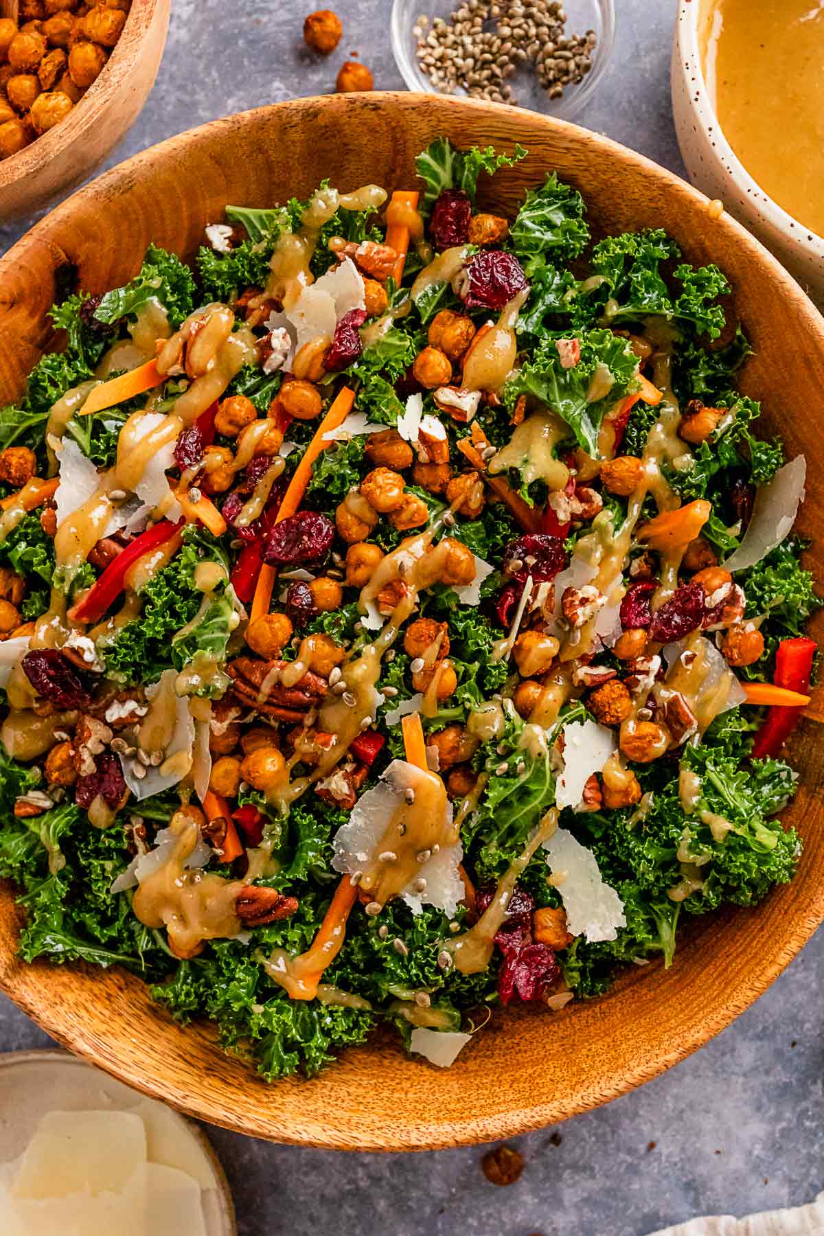 kale salad drizzled with tahini dressing