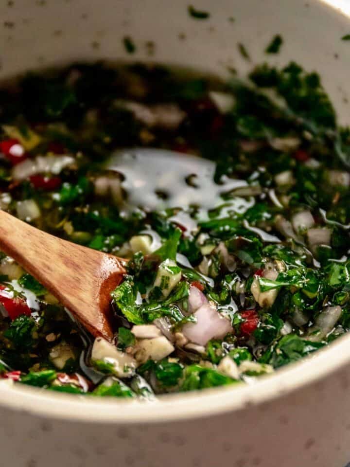 close up shot of chimichurri sauce