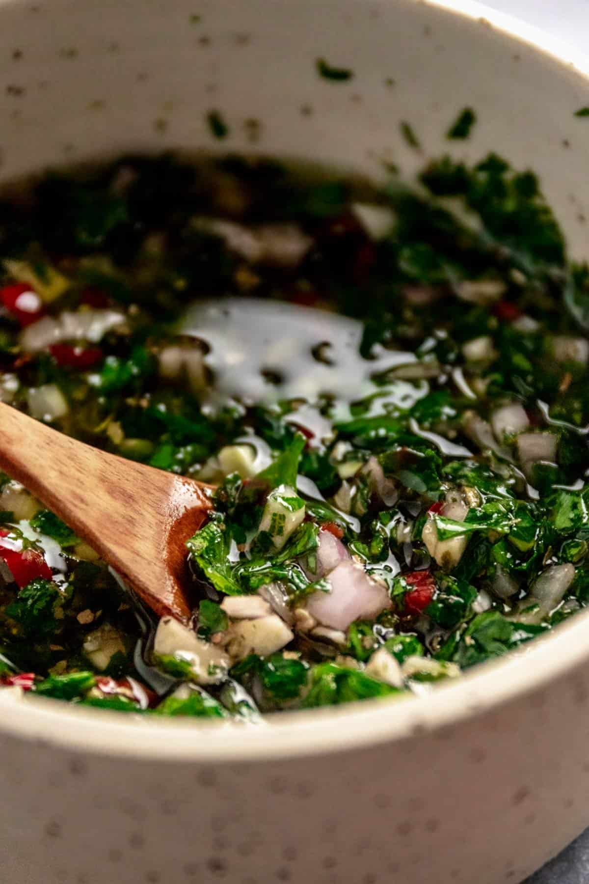 close up shot of chimichurri sauce