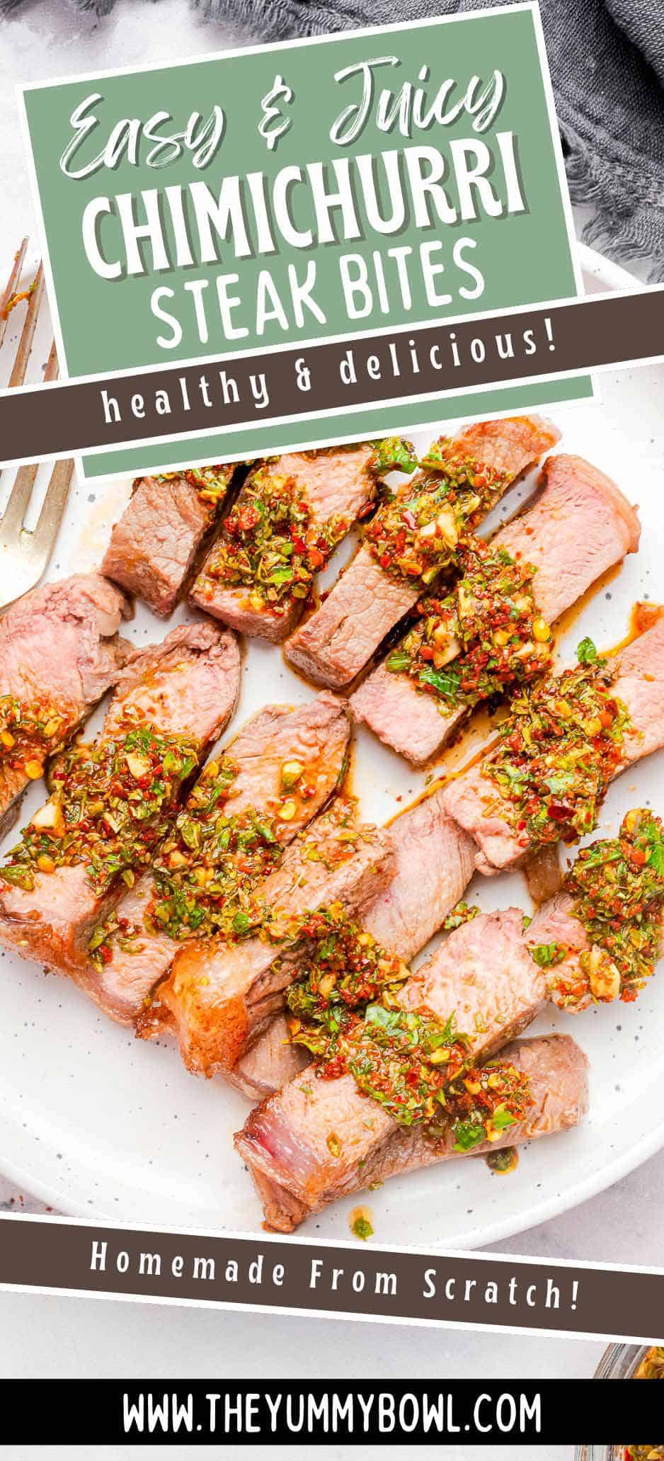 Steak slices topped with Chimichurri sauce.