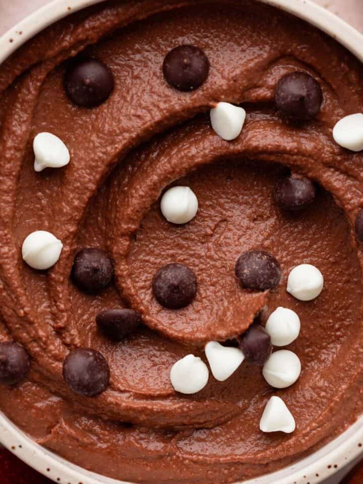 creamy chocolate hummus in a bowl.