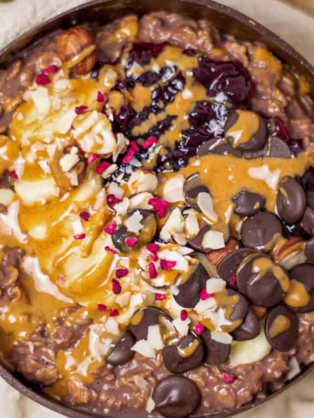 chocolate porridge bowl with toppings.