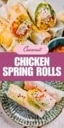 Coconut chicken spring rolls wrapped in rice paper with fresh vegetables.