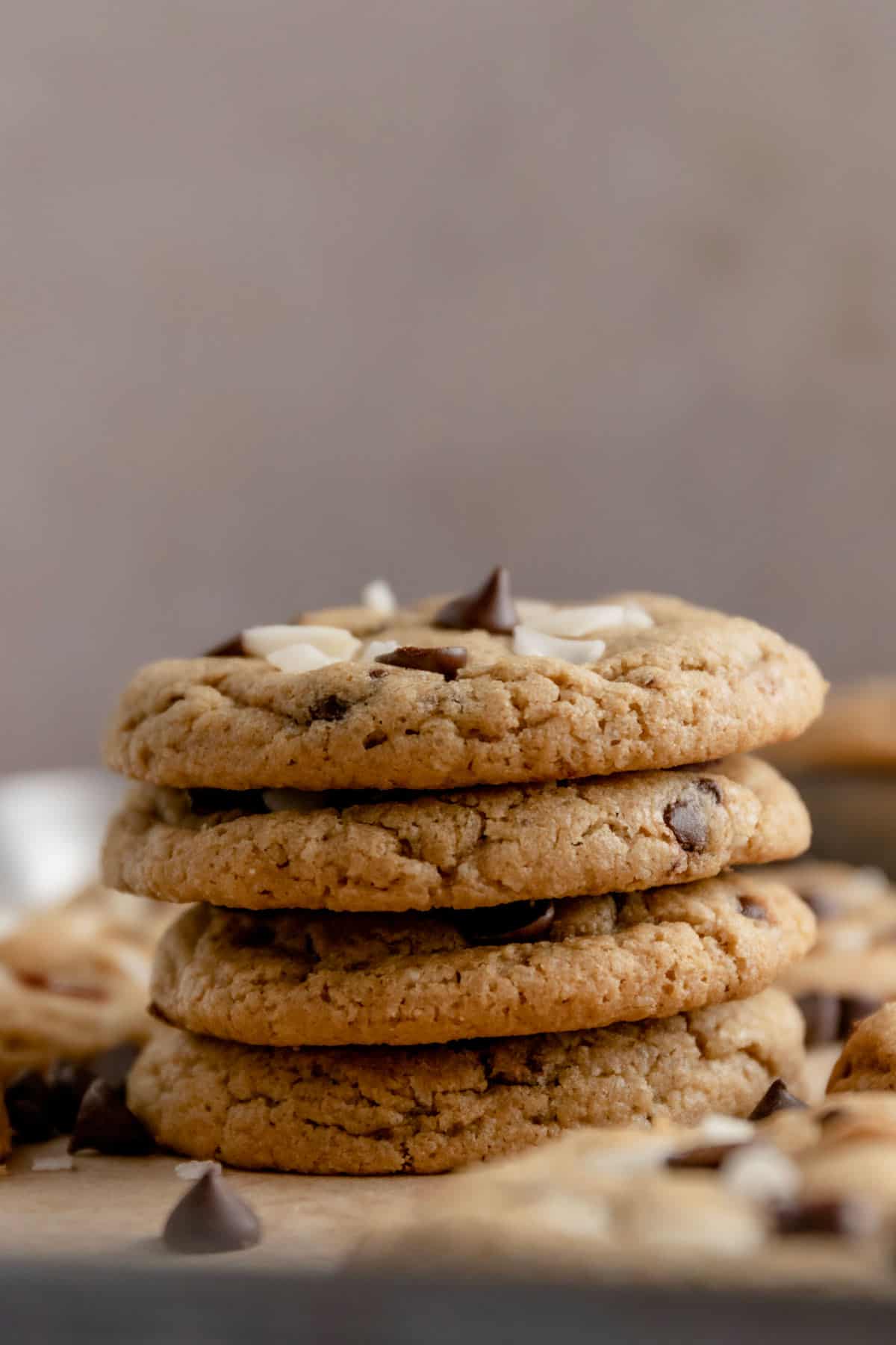 a stack of coconut chocolate chip cookie