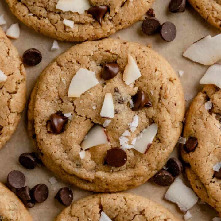 close up shot of coconut chocolate chip cookie